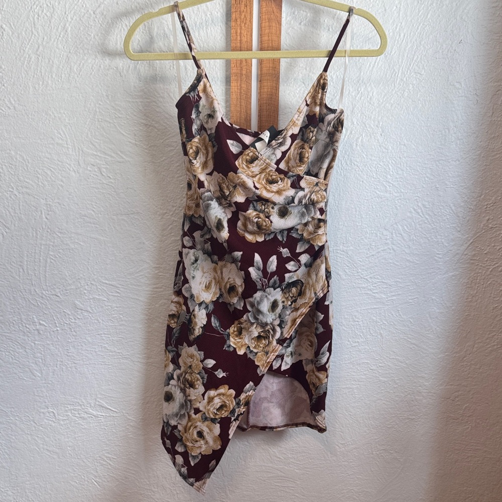 Blue Blush Burgundy Floral Asymmetrical Dress